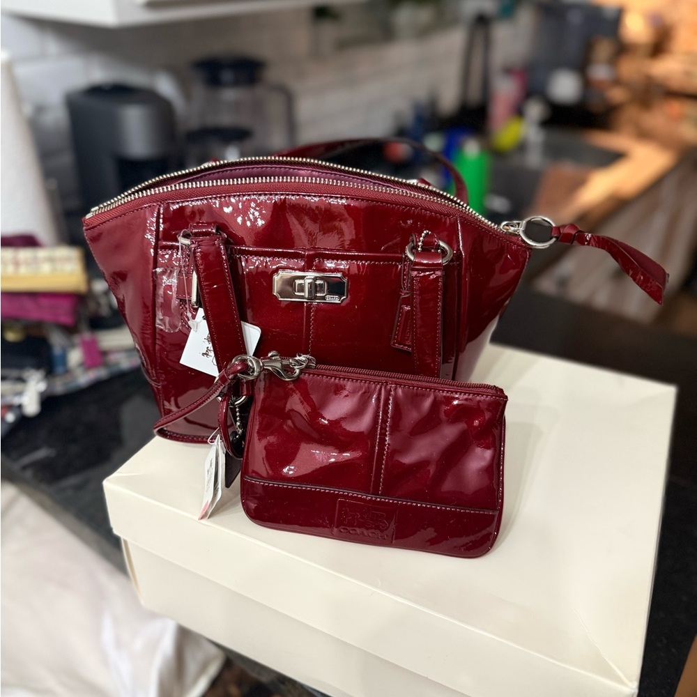 Coach Burgundy Patent Leather Handbag and Key Pouch Bag Set